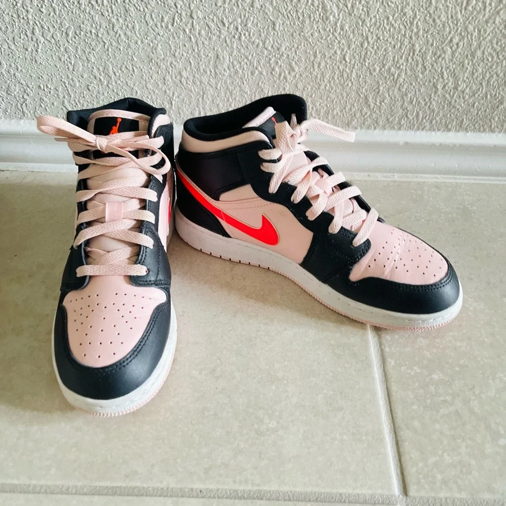 Nike Kids Black and Pink High-Top Sneakers with Red Swoosh